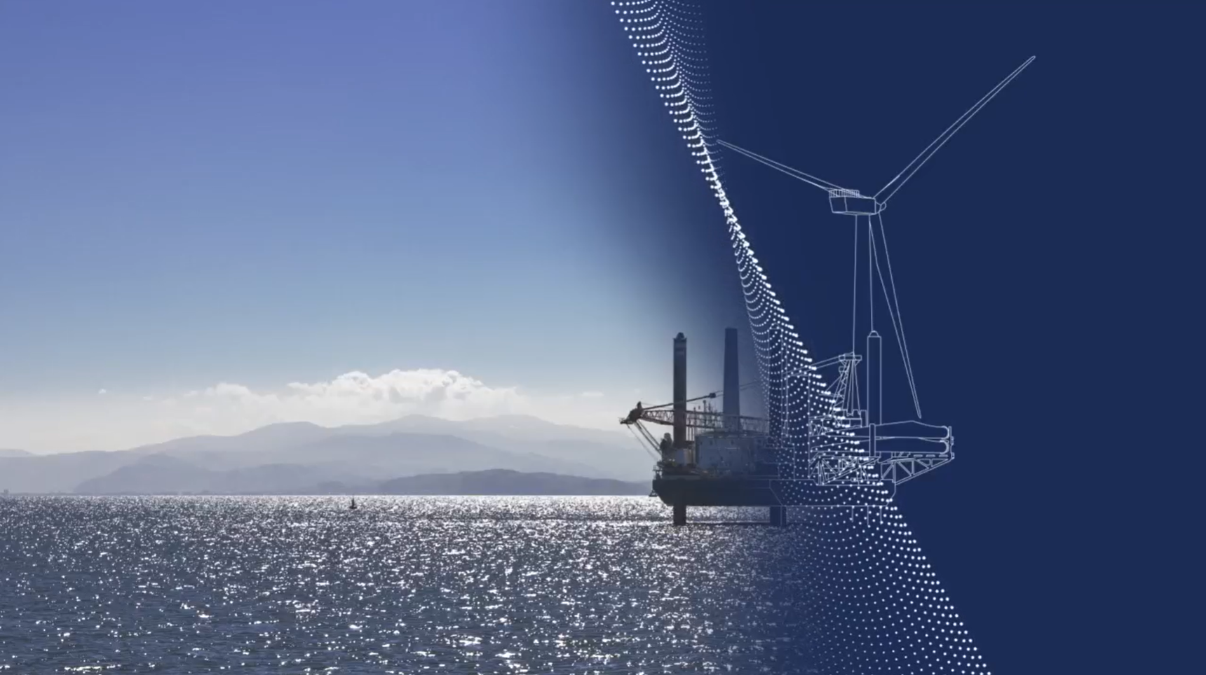 Oil rig and wind farm in a blue ocean with clear blue sky in the background with an animated drawn white transformation graphic